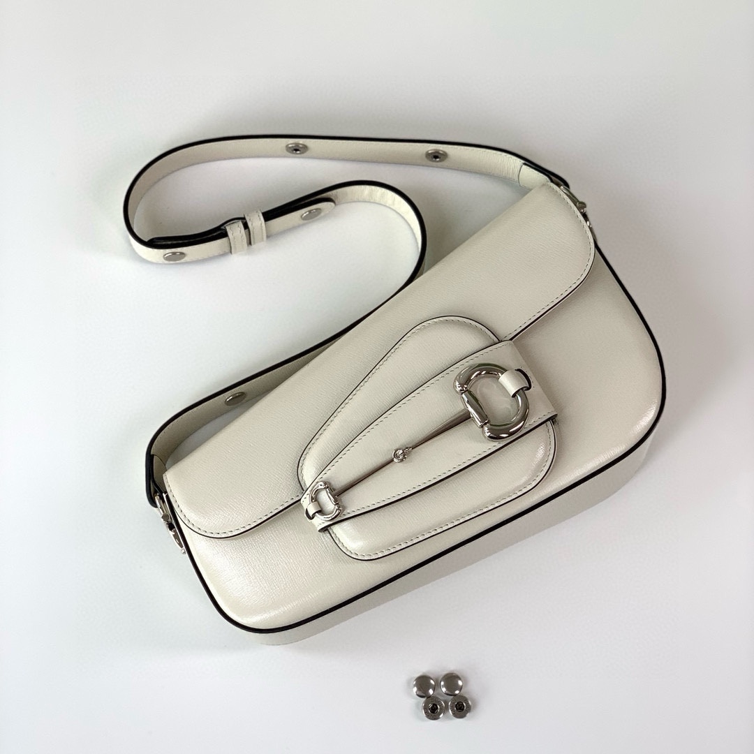 Gucci Horsebit 1955 Series Small Asymmetrical Horse Buckle Shoulder Backpack White Leather